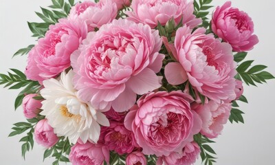 Obraz premium Vibrant pink peonies & roses bouquet, white background Perfect for spring/wedding designs , blossom, illustration, vibrant