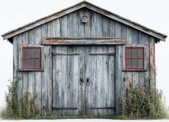 Rustic Weathered Outbuilding with Red Windows and Grass on White Background