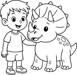 cute boy petting a friendly triceratops dinosaur