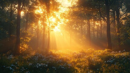 Golden sunlight streams through misty forest (10)