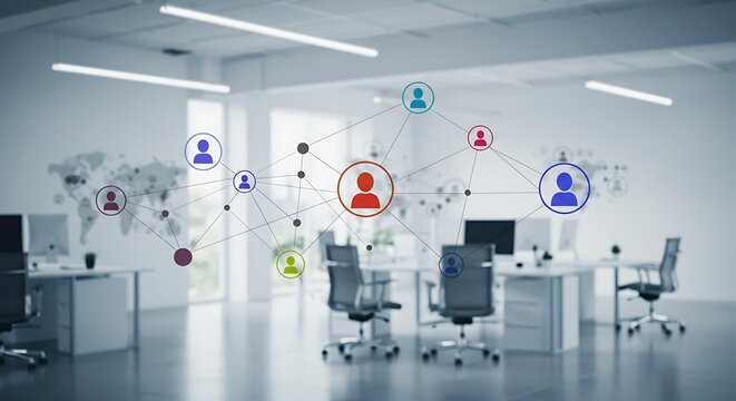 Connected Global Network in Modern Office Space with World Map Backdrop