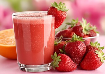 Strawberry smoothie, fresh fruit, pink table