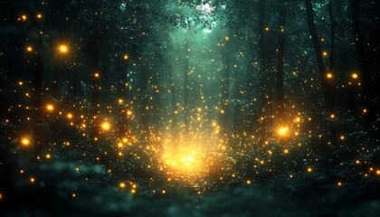 Naklejka premium Mystical forest glowing with fireflies