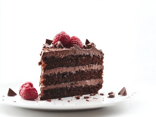 Chocolate cake slice with raspberries on white plate studio shot close up dessert food photography