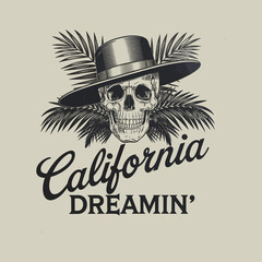 Retro California skull with hat and palm leaves. Vintage t-shirt graphic.