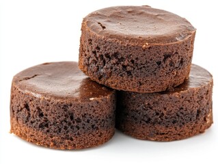 Stack of three round chocolate cakes on a white background food photography close up studio shot dessert sweet treat