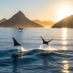 Fototapeta premium Mobula rays, or smooth tail devil rays, breaching in the early morning during the annual migration period for these animals, Sea of Cortez, Baja California, Mexico.