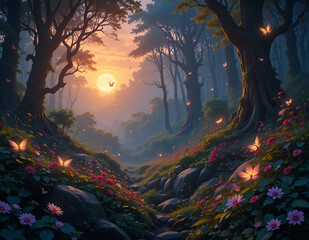 Whispers of Light Through a Magical Forest Glade, Anime drawing, digital painting wallpaper, Sunlight streams through the misty canopy, illuminating a vibrant forest floor filled with colorful flowers