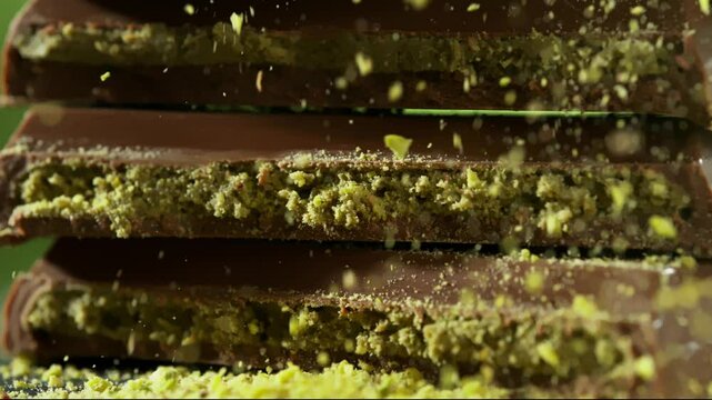 Super Slow Motion of Crushed Pistachios Falling on Dubai Chocolate Pieces at 1000fps.