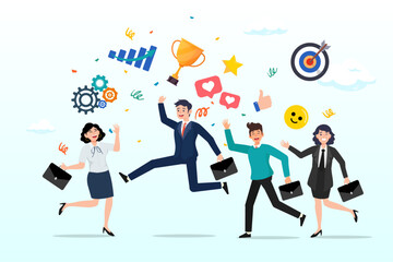 Happy business people employees jump with work engagement elements, Employee engagement, work satisfaction or happiness, company commitment or employee appreciation, wellbeing or inclusive concept
