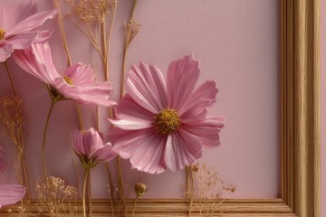 Delicate pink cosmos displayed in a light wooden frame.