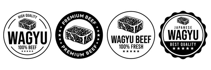 High quality steak beef meat icon set. High quality beef meat circle logo, badge, sticker, symbol, stamp, line, vector, isolated illustration. Wagyu beef meat label for product packaging design.