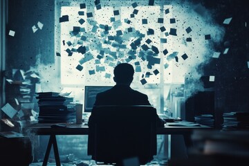 Overwhelmed worker amidst paper chaos