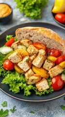 Grilled Tofu Salad with Bread Slice Overhead Shot Healthy Meal Vegetarian Cuisine Fresh Ingredients