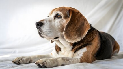Senior Beagle Portrait, Gentle Grey-Muzzled Close-Up on White Studio Background