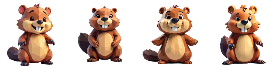 Cut Out Set of Low Poly Vector illustration Of Beaver Toy Isolated on Transparent or White Background.