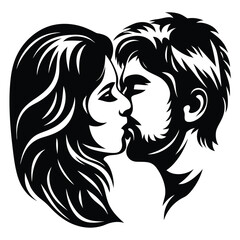 Monochrome Illustration of a Couple Embracing in a Kiss, Forming a Heart