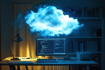 Glowing cloud over a computer screen displaying code in a dimly lit workspace