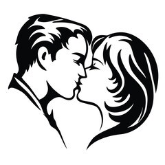 Monochrome depiction of a man and woman embracing in an intimate kiss