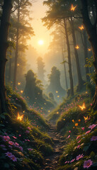 Whispers of Light Through a Magical Forest Glade, Anime drawing, digital painting wallpaper, Sunlight streams through the misty canopy, illuminating a vibrant forest floor filled with colorful flowers