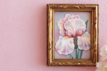 Intricate framed floral painting of an iris.