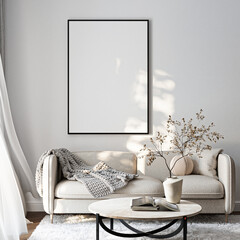 Frame mockup, ISO A paper size. Living room wall poster mockup. Interior mockup with house background. Modern interior design. 3D render
