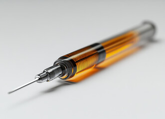 Fototapeta premium syringe with long needle filled with amber liquid on white background for medical and healthcare use