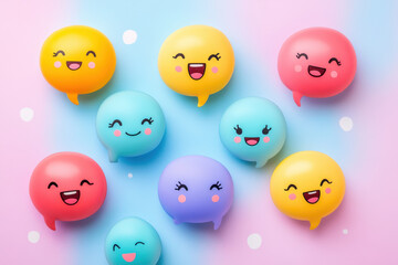 Colorful balloons featuring smiling faces on a pink background.