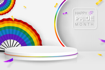 Happy pride month background with stage podium for products display and vivid rainbow folding fan decoration, vector illustration  
