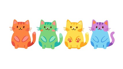 Adorable and colorful cartoon cats sitting in a row with cheerful expressions against a white background JPG.