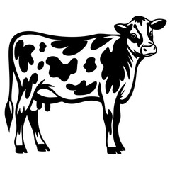 Stylized black and white vector illustration of a dairy cow standing proud