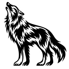 Majestic Howling Wolf Silhouette with Intricate Fur Details in Striking Black