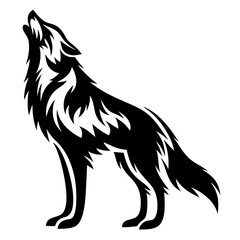 Dramatic black and white vector illustration of a howling wolf in silhouette