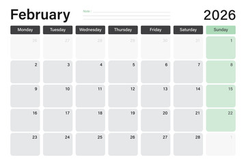 February 2026 calendar or desk planner in soft gray and light green colors with empty note lines, weeks start on Monday, vector illustration design