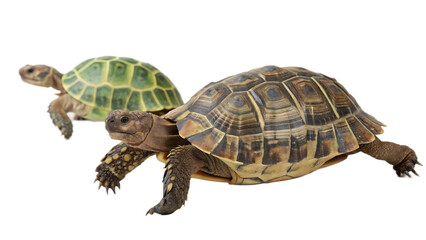 Obraz premium two turtles walking slowly isolated on white background, PNG