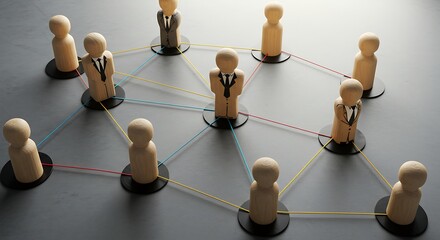 Obraz premium Interconnected Wooden Figures: A Network of Professionals on a Gray Surface