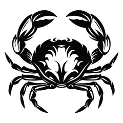 Dramatic black and white crab illustration with a distinctive tribal tattoo look