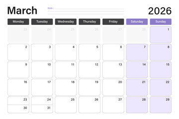 March 2026 calendar or desk planner in soft gray and purple colors with empty note lines, weeks start on Monday, vector illustration design