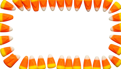 Isolated candy corn arranged in a rectangular frame on a transparent background, ideal for Halloween-themed designs and spooky invitations.