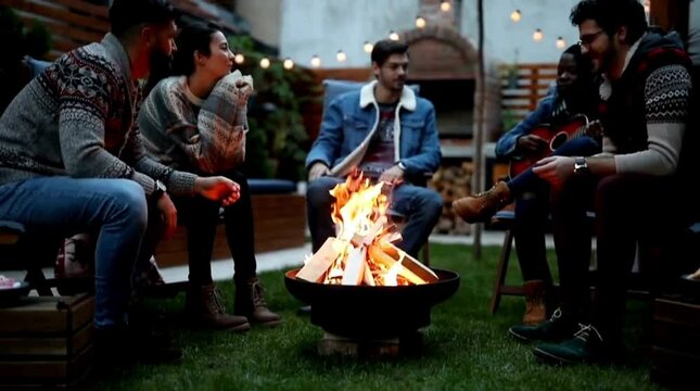 Friends sitting around fire pit in cozy backyard at night with warm lights, seamless looping 4k time-lapse animation video background