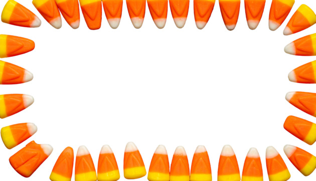 Isolated candy corn arranged in a rectangular frame on a transparent background, ideal for Halloween-themed designs and spooky invitations.