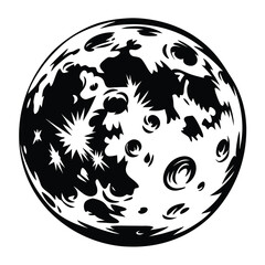 Monochrome depiction of the Moon showing the craters and lunar surface features