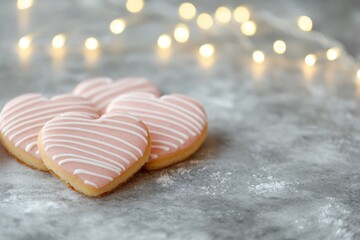 Fototapeta premium Heart Shaped Cookies Stacked on Gray Surface with Bokeh Lights Overhead Valentine's Day Sweet Treats Close Up