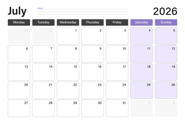 July 2026 calendar or desk planner in soft gray and purple colors with empty note lines, weeks start on Monday, vector illustration design