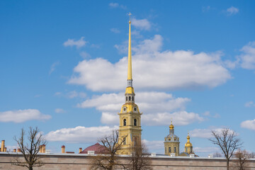 View of the Peter and Paul Cathedral. Ancient Peter and Paul Fortress in spring sunny day, view from Neva river. Saint Petersburg, Russia