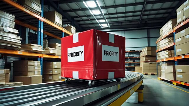 Red priority package moving on conveyor belt inside warehouse with stacked boxes, metal shelves, and industrial lighting in background

