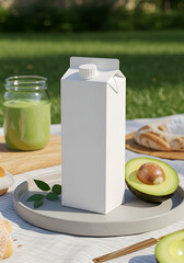 Blank carton of milk/juice on picnic blanket