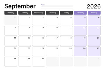 September 2026 calendar or desk planner in soft gray and purple colors with empty note lines, weeks start on Monday, vector illustration design