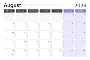 August 2026 calendar or desk planner in soft gray and purple colors with empty note lines, weeks start on Monday, vector illustration design