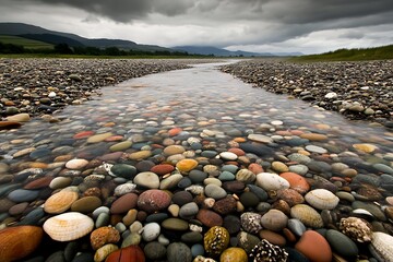 Serene Stream Flowing Over Colorful Pebbles and Shells on a Rocky Beach under Cloudy Sky